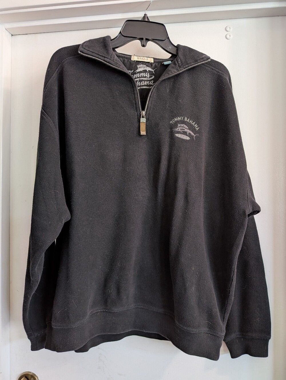 Tommy Bahama Men's Black Half-Zip Pullover with Embroidered Marlin Medium